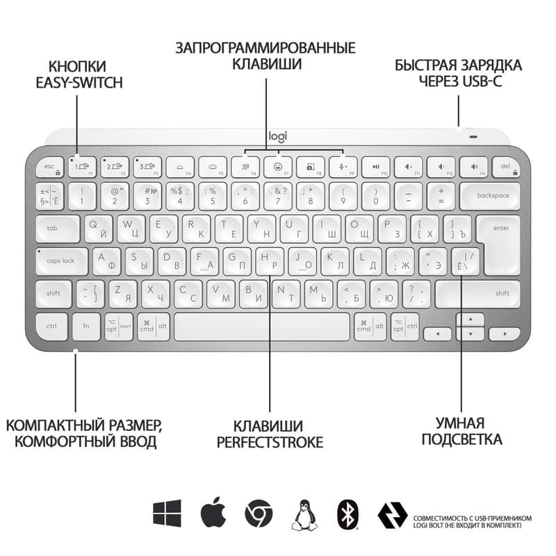 Клавиатура беспроводная USB/BT Logitech MX Keys Mini, Pale Grey (920-010502) - фото #7, Technodom.kz
