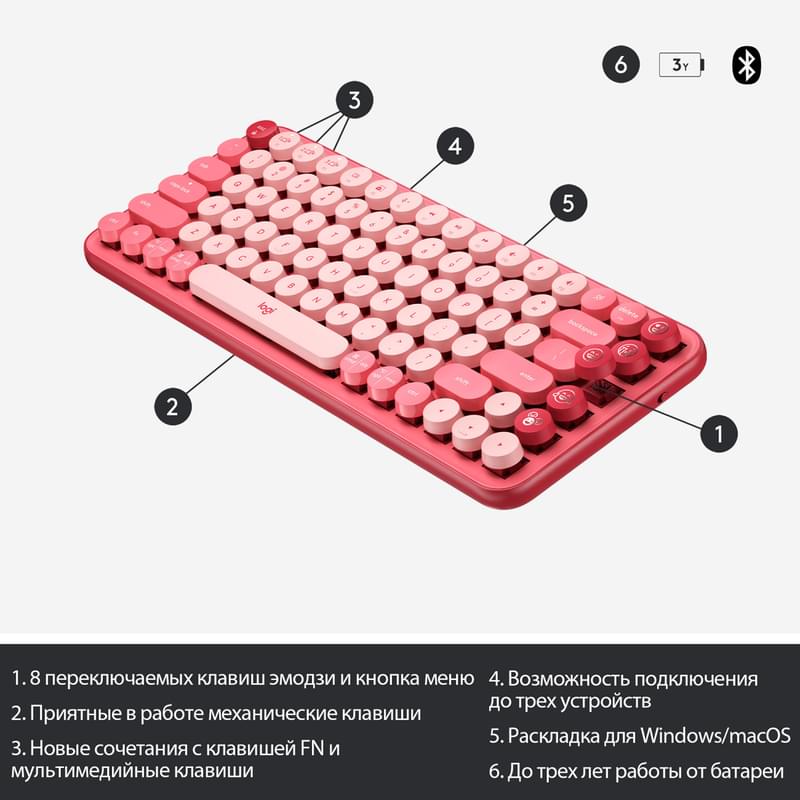 USB/BT Logitech POP Keys сымсыз пернетақтасы, Rose (920-010718) - фото #6, Technodom.kz
