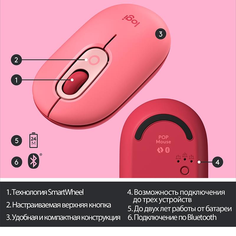Мышка беспроводная USB/BT Logitech POP Mouse, Rose (910-006548) - фото #2, Technodom.kz