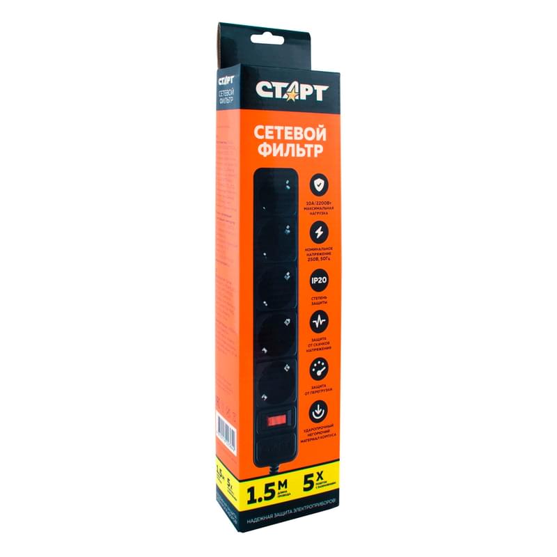 СТАРТ желі сүзгісі 1,5м, 5 розетка, 10A, ақ (4610116223642) - фото #1, Technodom.kz