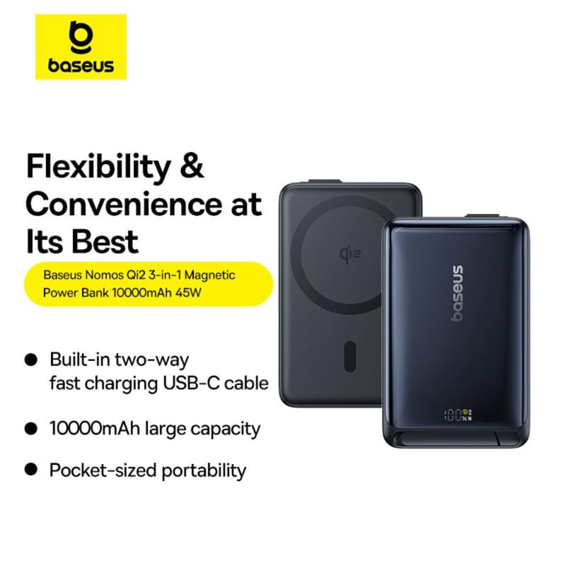 Внешний аккумулятор Baseus, Nomos Qi2 10000mAh 45W+вс.каб, Black (BAS-P1007880012300) - фото #0, Technodom.kz