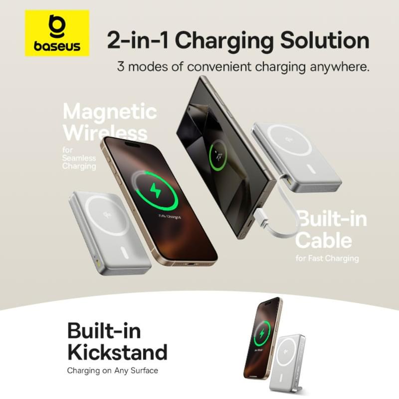Внешний аккумулятор Baseus, Nomos Qi2 10000mAh 45W+вс.каб, Grey (BAS-P1007880084300) - фото #10, Technodom.kz
