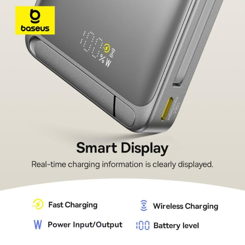 Внешний аккумулятор Baseus, Nomos Qi2 10000mAh 45W+вс.каб, Grey (BAS-P1007880084300) - фото #13, Technodom.kz
