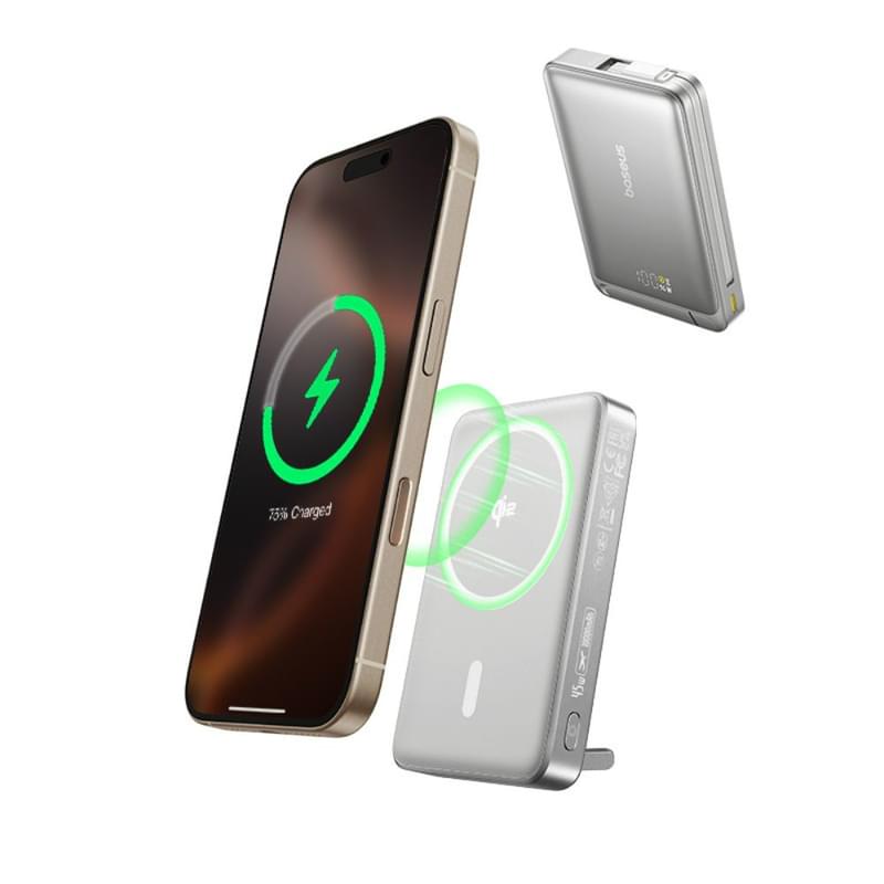 Внешний аккумулятор Baseus, Nomos Qi2 10000mAh 45W+вс.каб, Grey (BAS-P1007880084300) - фото #17, Technodom.kz