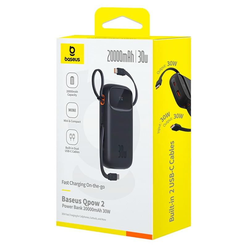 Внешний аккумулятор Baseus, QPow2 DGT 20000mAh+2 вс.каб 30W, Black (BAS-P1005500911300) - фото #6, Technodom.kz