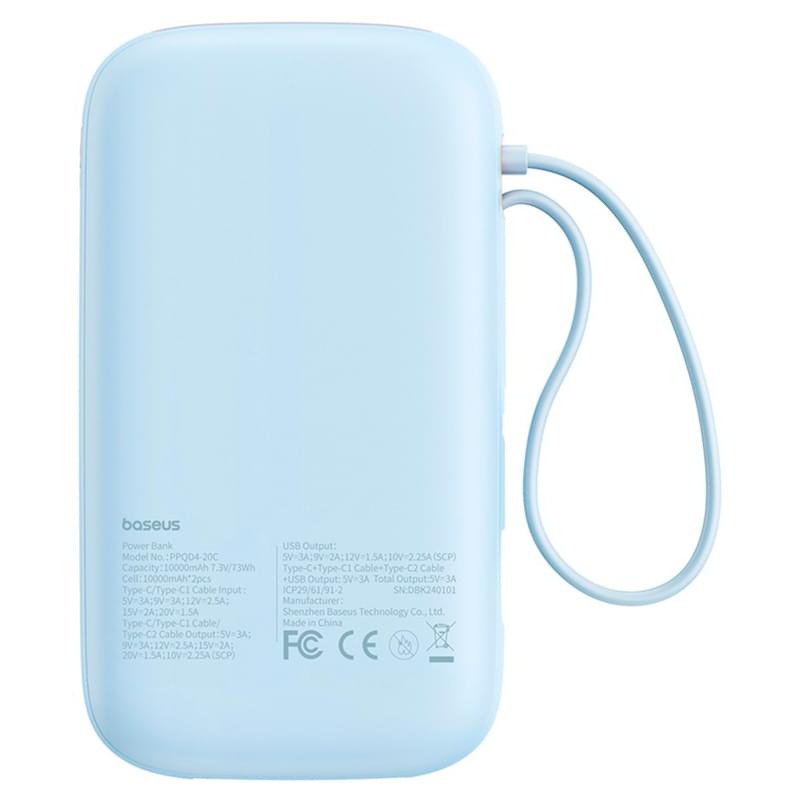 Внешний аккумулятор Baseus, QPow2 DGT 20000mAh+2 вс.каб 30W, Blue (BAS-P1005500931300) - фото #5, Technodom.kz