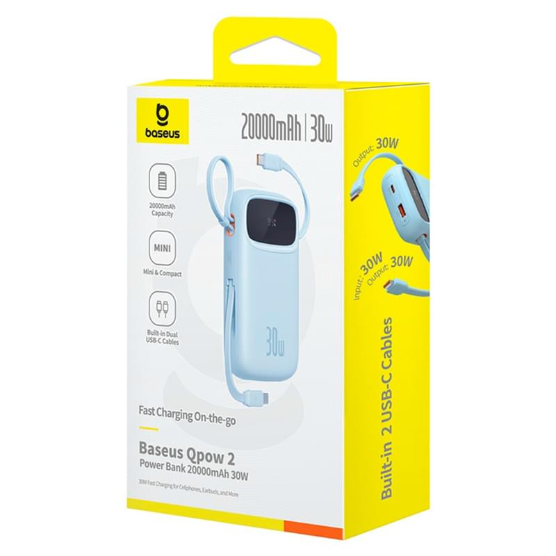 Внешний аккумулятор Baseus, QPow2 DGT 20000mAh+2 вс.каб 30W, Blue (BAS-P1005500931300) - фото #6, Technodom.kz