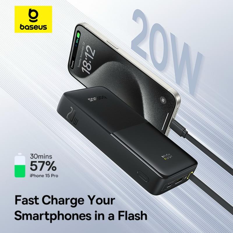 Внешний аккумулятор Baseus, Bipow2 DGT 20000mAh 20W+вст.каб, Black (BAS-P1007710111301) - фото #12, Technodom.kz