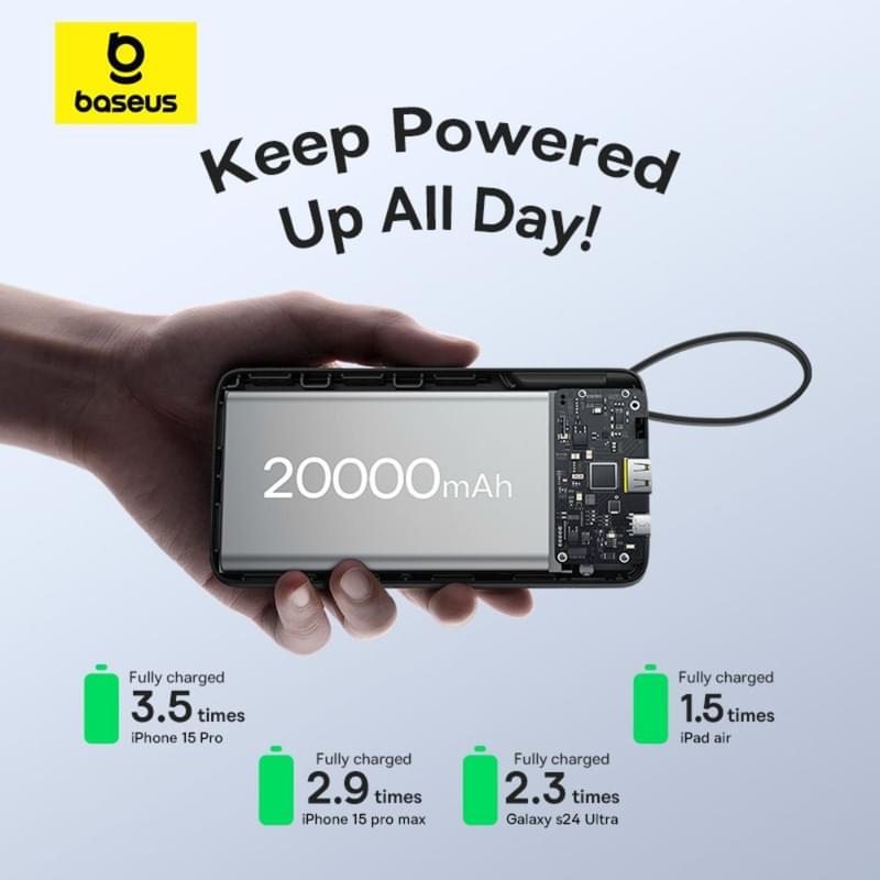 Внешний аккумулятор Baseus, Bipow2 DGT 20000mAh 20W+вст.каб, Black (BAS-P1007710111301) - фото #13, Technodom.kz