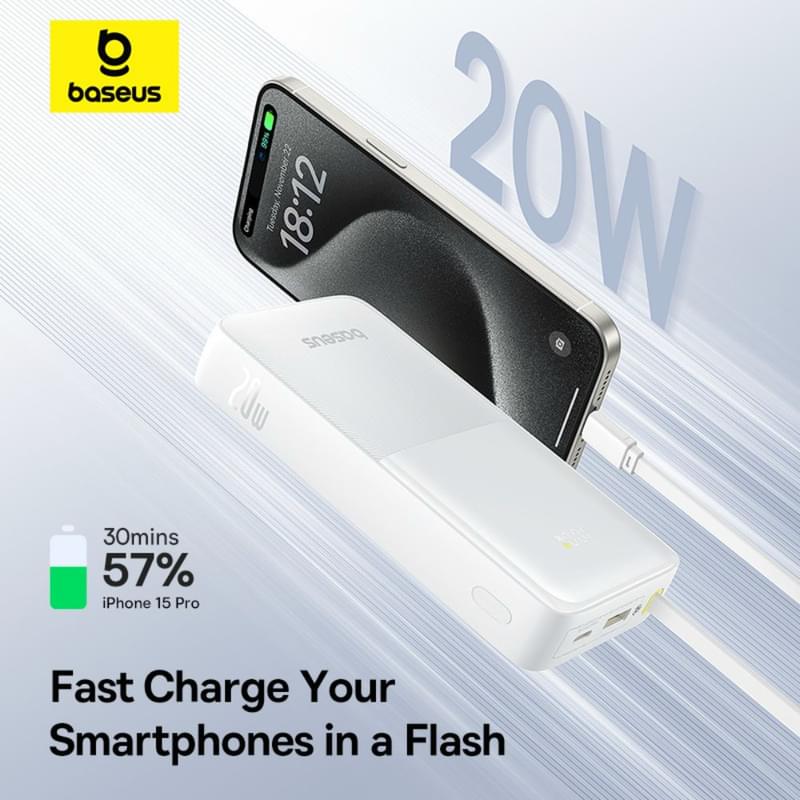 Внешний аккумулятор Baseus, Bipow2 DGT 20000mAh 20W+вст.каб., White (BAS-P1007710121301) - фото #12, Technodom.kz