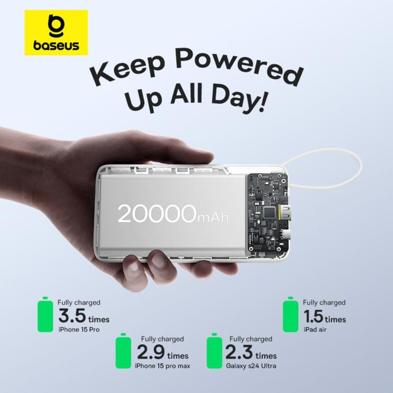 Внешний аккумулятор Baseus, Bipow2 DGT 20000mAh 20W+вст.каб., White (BAS-P1007710121301) - фото #13, Technodom.kz