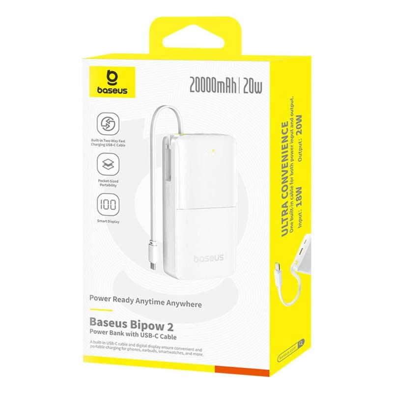 Внешний аккумулятор Baseus, Bipow2 DGT 20000mAh 20W+вст.каб., White (BAS-P1007710121301) - фото #6, Technodom.kz