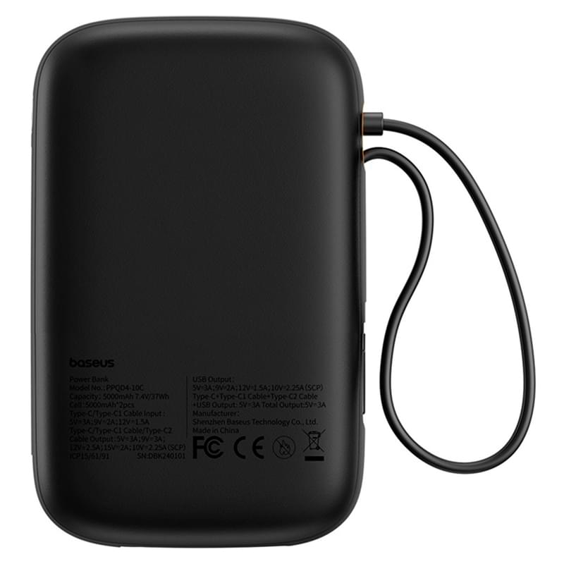 Внешний аккумулятор Baseus, QPow2 DGT 10000mAh+2 вс.каб 30W, Black (BAS-P1005500811300) - фото #5, Technodom.kz