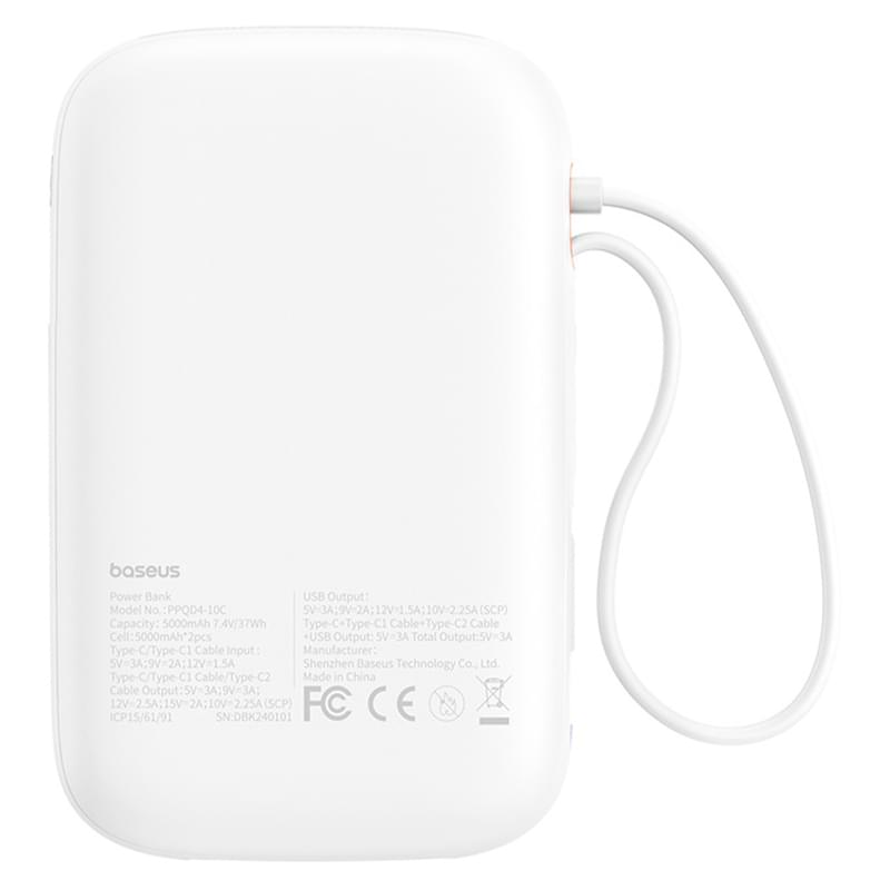 Внешний аккумулятор Baseus, QPow2 DGT 10000mAh+2 вс.каб 30W, White (BAS-P1005500821300) - фото #5, Technodom.kz
