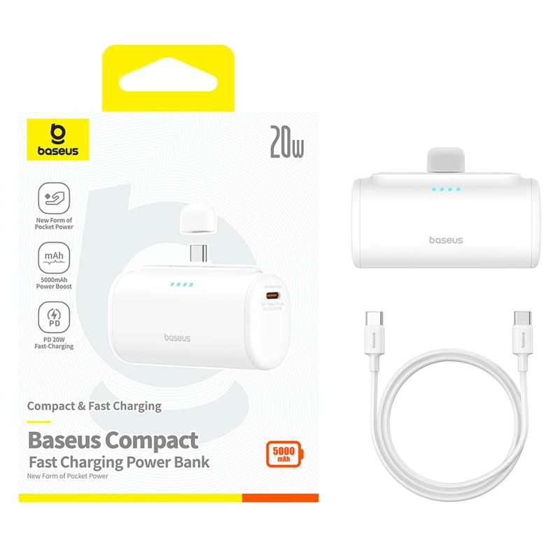 Внешний аккумулятор Baseus, Compact USB-C Edit. 5000mAh 20W, White (BAS-P1006830621300) - фото #5, Technodom.kz