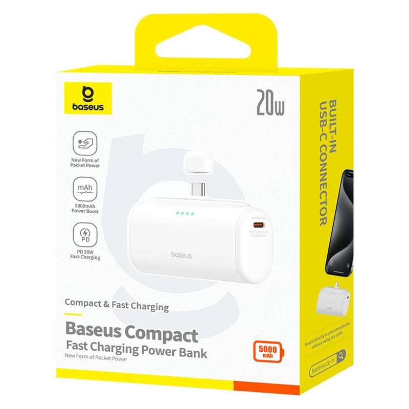 Внешний аккумулятор Baseus, Compact USB-C Edit. 5000mAh 20W, White (BAS-P1006830621300) - фото #6, Technodom.kz