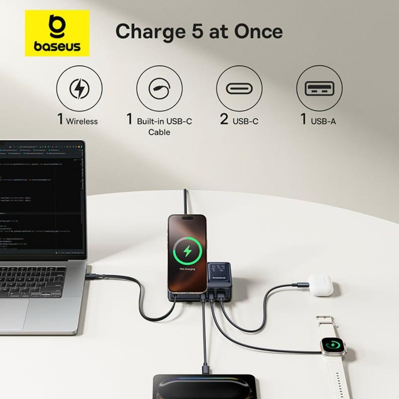 Адаптер питания Baseus, NOMOS USB-3C+A+Qi2 б/п 140W, Black (BAS-P1017090212300) - фото #12, Technodom.kz