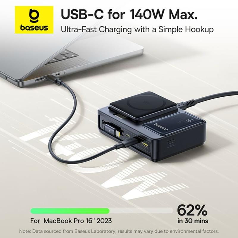 Адаптер питания Baseus, NOMOS USB-3C+A+Qi2 б/п 140W, Black (BAS-P1017090212300) - фото #14, Technodom.kz