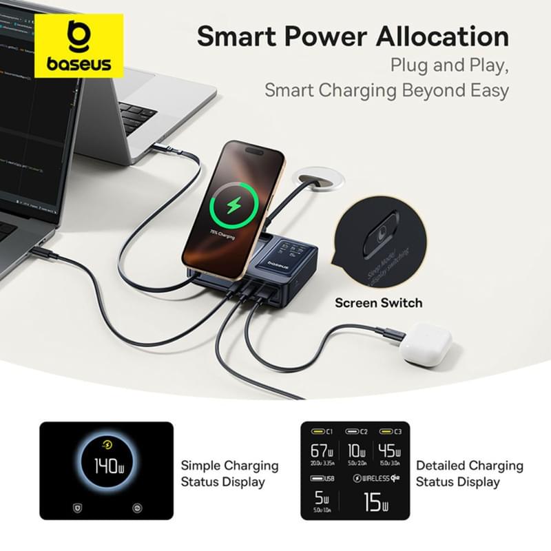Адаптер питания Baseus, NOMOS USB-3C+A+Qi2 б/п 140W, Black (BAS-P1017090212300) - фото #16, Technodom.kz