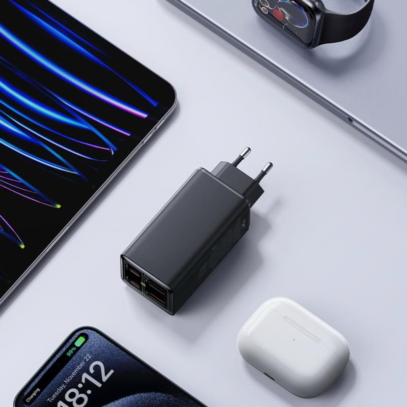 Адаптер питания Baseus, GaN6 USB-C*2+A*2 100W с каб, Black (BAS-P1016270511200) - фото #2, Technodom.kz