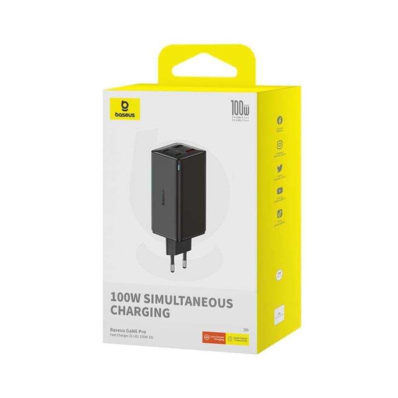 Адаптер питания Baseus, GaN6 USB-C*2+A*2 100W с каб, Black (BAS-P1016270511200) - фото #9, Technodom.kz