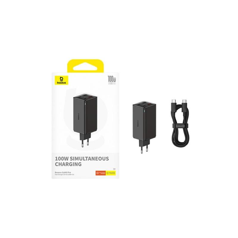 Адаптер питания Baseus, GaN6 USB-C*2+A*2 100W с каб, Black (BAS-P1016270511200) - фото #11, Technodom.kz