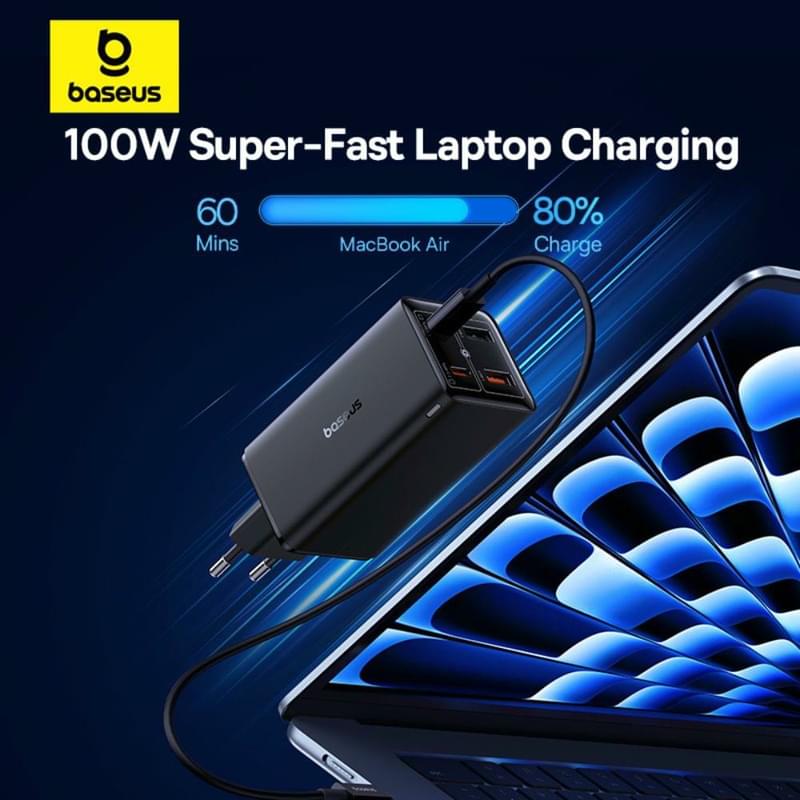 Адаптер питания Baseus, GaN6 USB-C*2+A*2 100W с каб, Black (BAS-P1016270511200) - фото #13, Technodom.kz