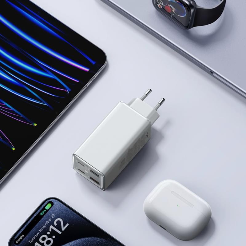 Адаптер питания Baseus, GaN6 USB-C*2+A*2 100W с каб, White (BAS-P1016270521200) - фото #10, Technodom.kz