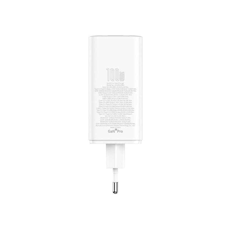 Адаптер питания Baseus, GaN6 USB-C*2+A*2 100W с каб, White (BAS-P1016270521200) - фото #16, Technodom.kz
