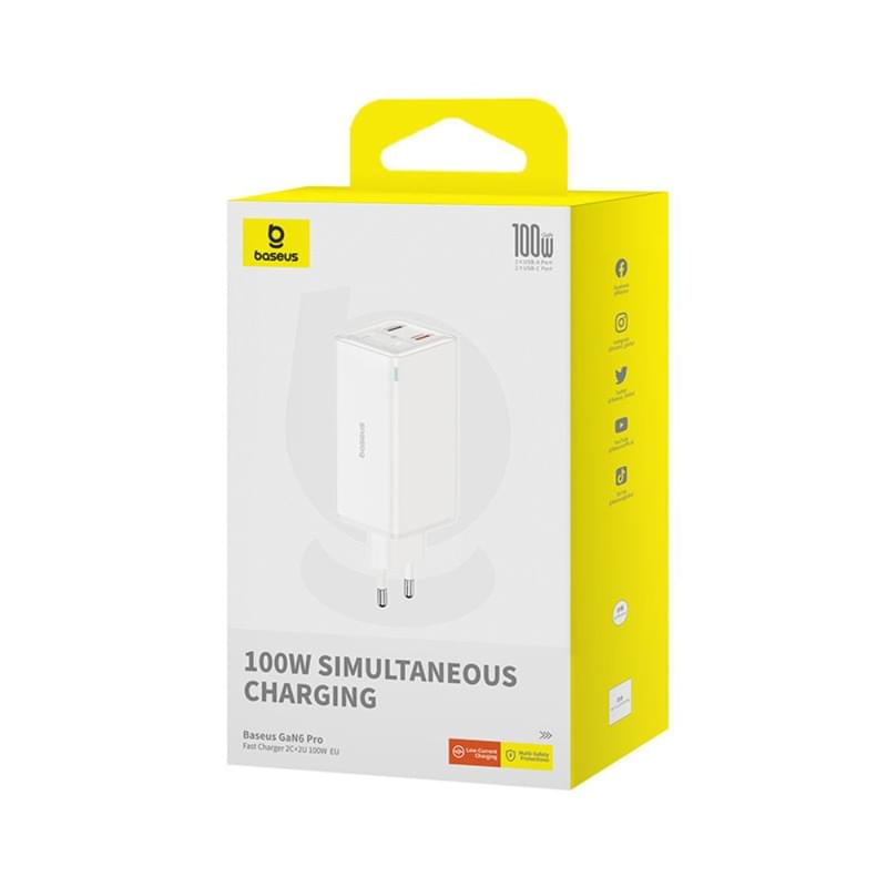 Адаптер питания Baseus, GaN6 USB-C*2+A*2 100W с каб, White (BAS-P1016270521200) - фото #17, Technodom.kz