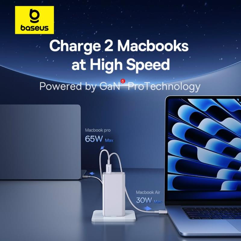 Адаптер питания Baseus, GaN6 USB-C*2+A*2 100W с каб, White (BAS-P1016270521200) - фото #1, Technodom.kz