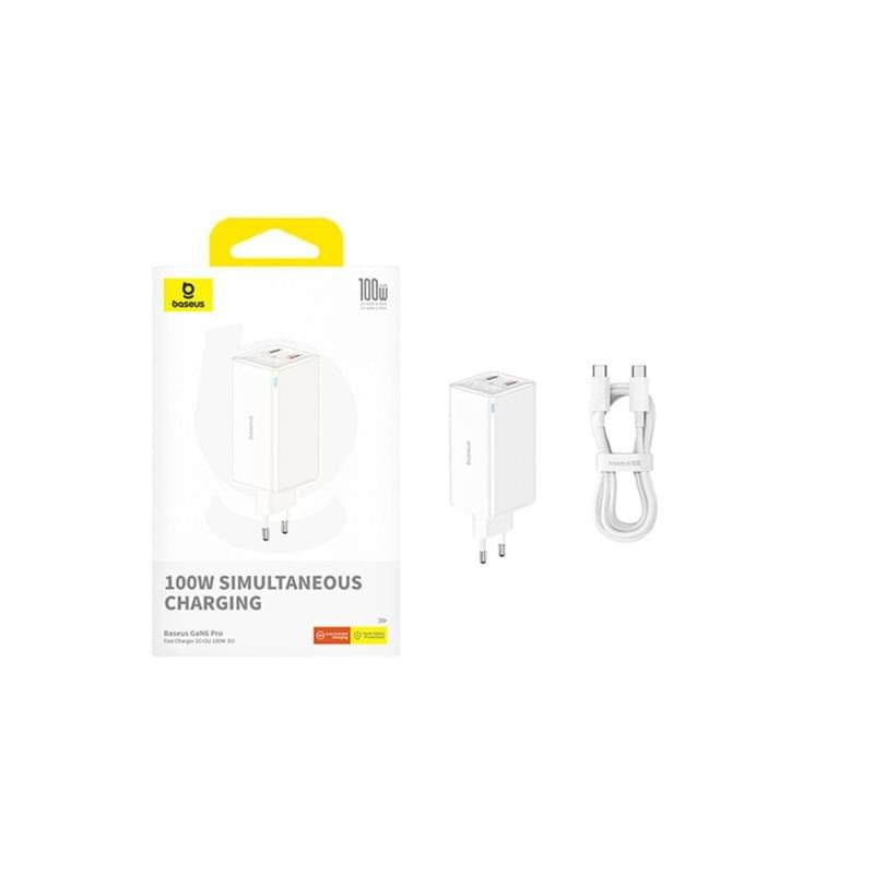 Адаптер питания Baseus, GaN6 USB-C*2+A*2 100W с каб, White (BAS-P1016270521200) - фото #19, Technodom.kz