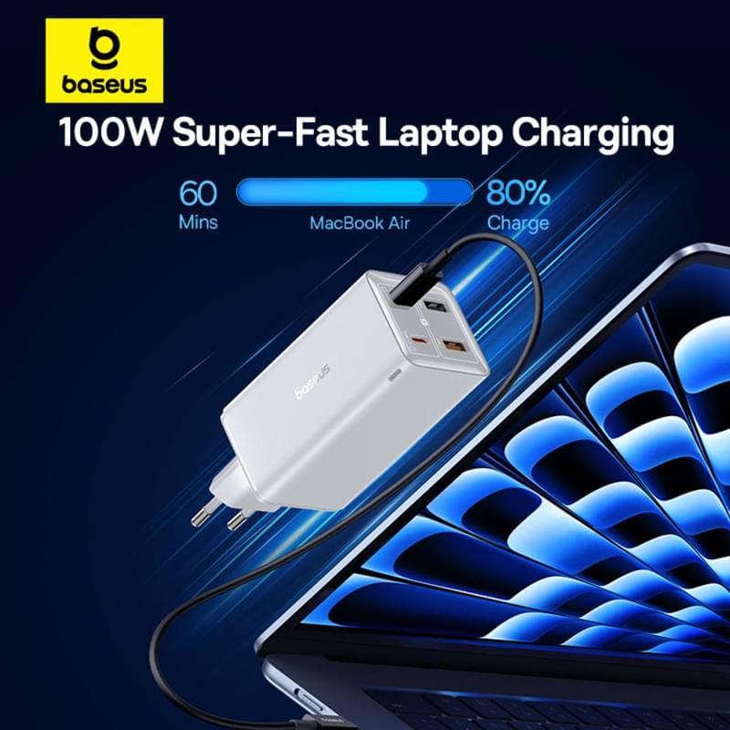 Адаптер питания Baseus, GaN6 USB-C*2+A*2 100W с каб, White (BAS-P1016270521200) - фото #2, Technodom.kz