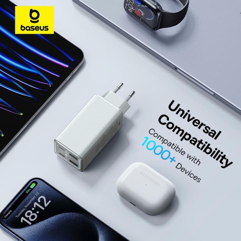 Адаптер питания Baseus, GaN6 USB-C*2+A*2 100W с каб, White (BAS-P1016270521200) - фото #6, Technodom.kz