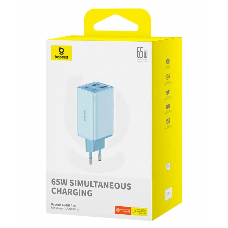 Адаптер питания Baseus, GaN6 Pro USB-2C+2A 65W с каб, Blue (BAS-P1016270131300) - фото #7, Technodom.kz