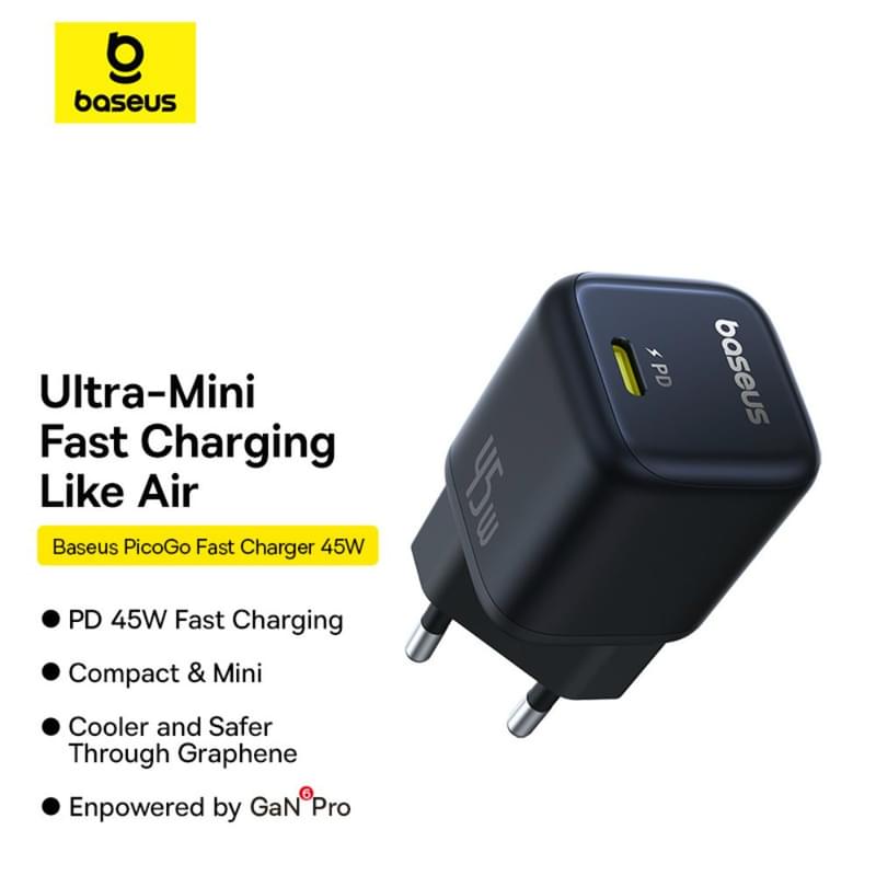 Адаптер питания Baseus, PicoGo GaN USB-C 45W, Black (BAS-P1017680012300) - фото #13, Technodom.kz