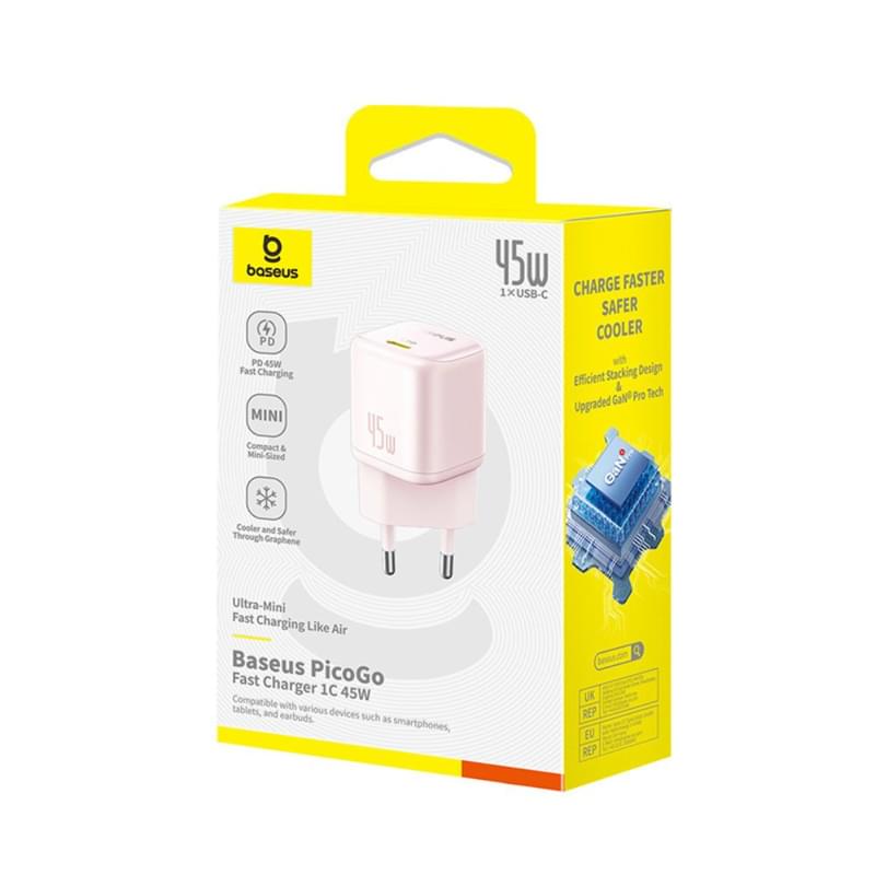 Адаптер питания Baseus, PicoGo GaN USB-C 45W, Pink (BAS-P1017680041300) - фото #9, Technodom.kz