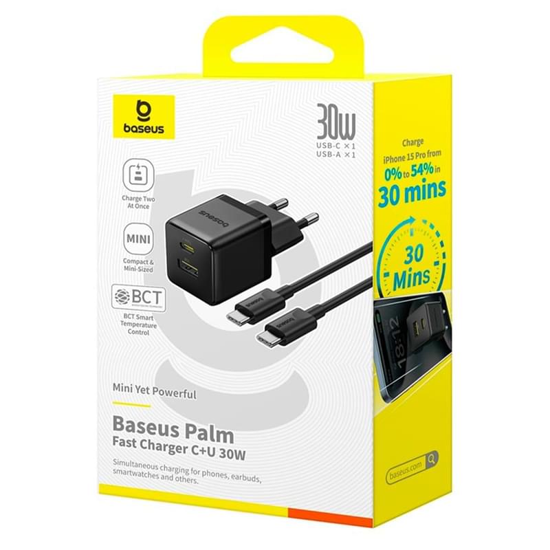 Адаптер питания Baseus, Palm USB-C+A 30W с каб, Black (BAS-P1011160A11301) - фото #7, Technodom.kz