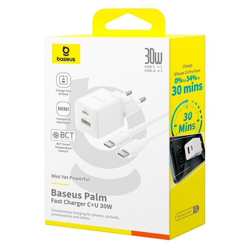Адаптер питания Baseus, Palm USB-C+A 30W с каб, White (BAS-P1011160A21301) - фото #6, Technodom.kz
