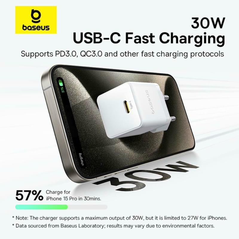 Адаптер питания Baseus, Palm USB-C 30W с каб, White (BAS-P1011160521301) - фото #11, Technodom.kz