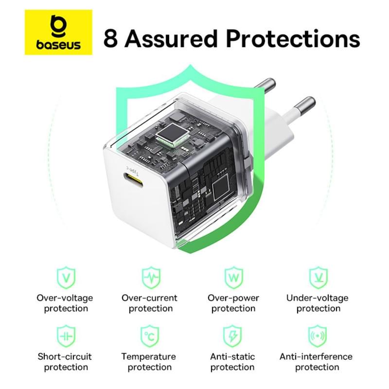 Адаптер питания Baseus, Palm USB-C 30W с каб, White (BAS-P1011160521301) - фото #14, Technodom.kz