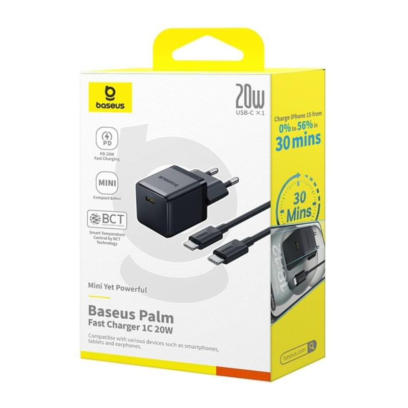 Адаптер питания Baseus, Palm USB-C 20W с каб, Black (BAS-P1011160211301) - фото #8, Technodom.kz
