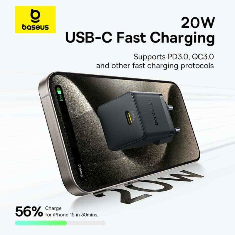 Адаптер питания Baseus, Palm USB-C 20W с каб, Black (BAS-P1011160211301) - фото #11, Technodom.kz