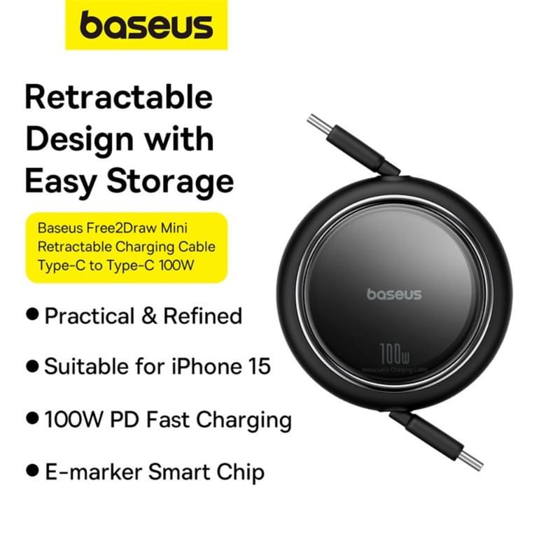 Кабель Baseus, USB-C->C F2D 100W retr.1m, Black (BAS-P1036450011100) - фото #15, Technodom.kz