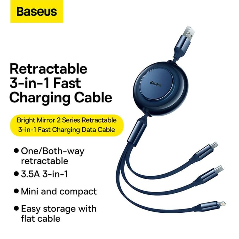 Кабель Baseus, USB-A->C+A+8pinBM 1.1m3.5A, Blue (BAS-CAMJ010003) - фото #11, Technodom.kz