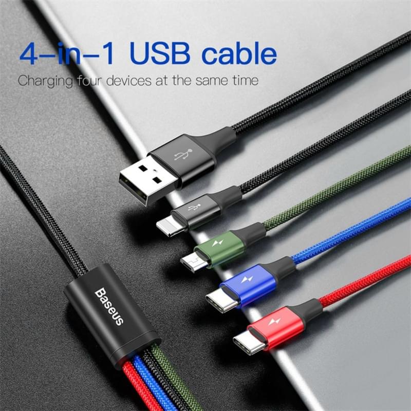 Кабель Baseus, 8pin+C*2+micro FsT 1.2m, Black (BAS-CA1T4-B01) - фото #15, Technodom.kz