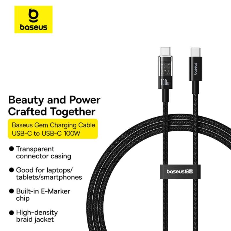 Кабель Baseus, USB-C->C GM 100W 1m, Black (BAS-P1037300011100) - фото #11, Technodom.kz