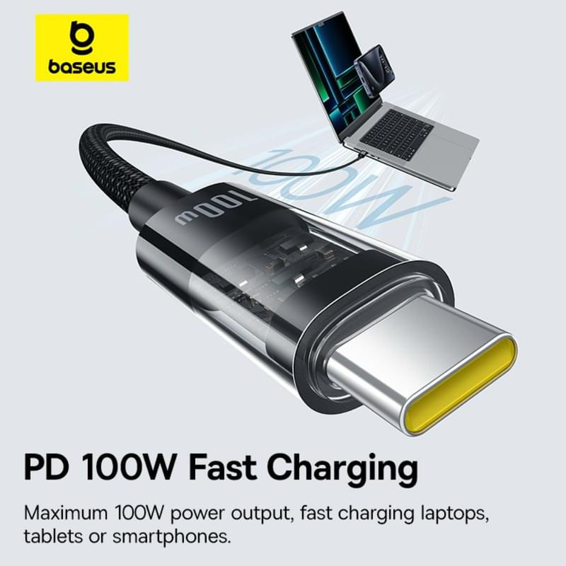 Кабель Baseus, USB-C->C GM 100W 1m, Black (BAS-P1037300011100) - фото #14, Technodom.kz