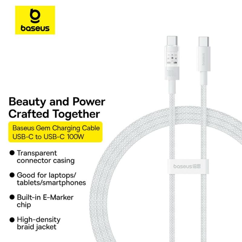 Кабель Baseus, USB-C->C GM 100W 1m, White (BAS-P1037300021100) - фото #3, Technodom.kz