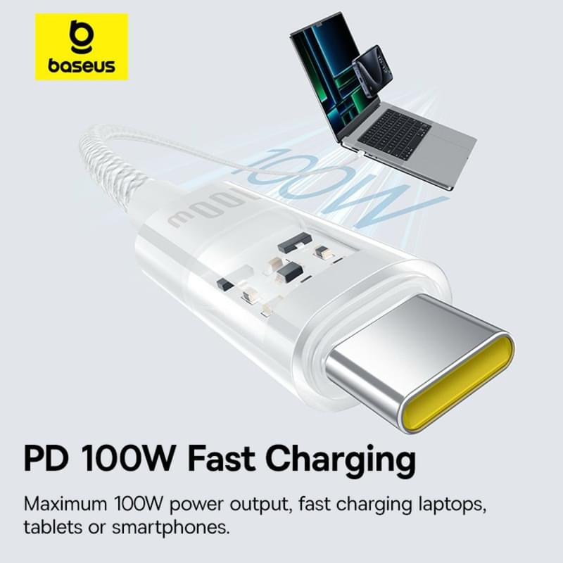 Кабель Baseus, USB-C->C GM 100W 1m, White (BAS-P1037300021100) - фото #6, Technodom.kz